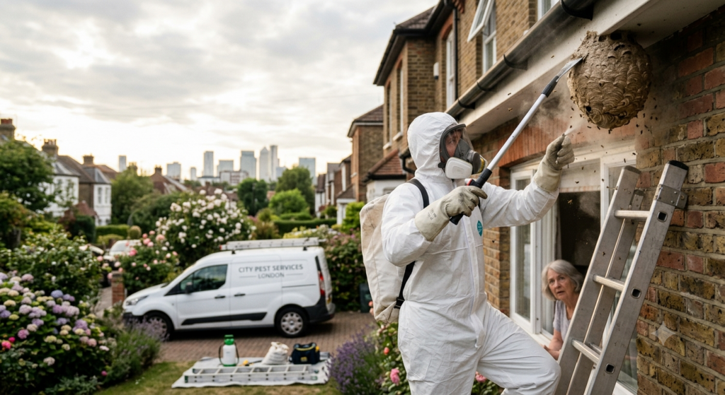 Wasp nest being remove by pest control